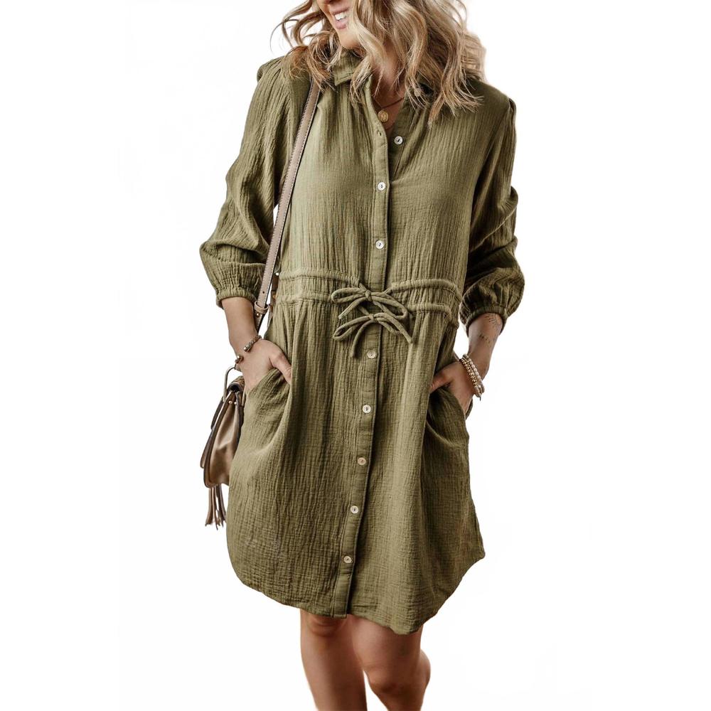 NEW THREADED PEAR textured button up tied dress in olive